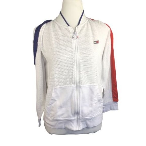Tommy Hilfiger Women’s Red White Blue Logo Mesh Zip Front Long Sleeve Jacket M - Picture 1 of 12